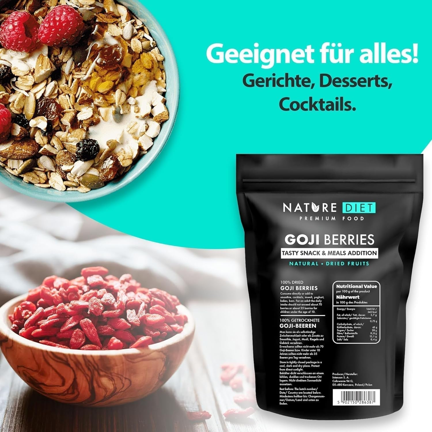 Nature Diet - Goji bobule 1000 g | Sušené bobule | Zdravá svačina Dehydrované produkty Naty Shop