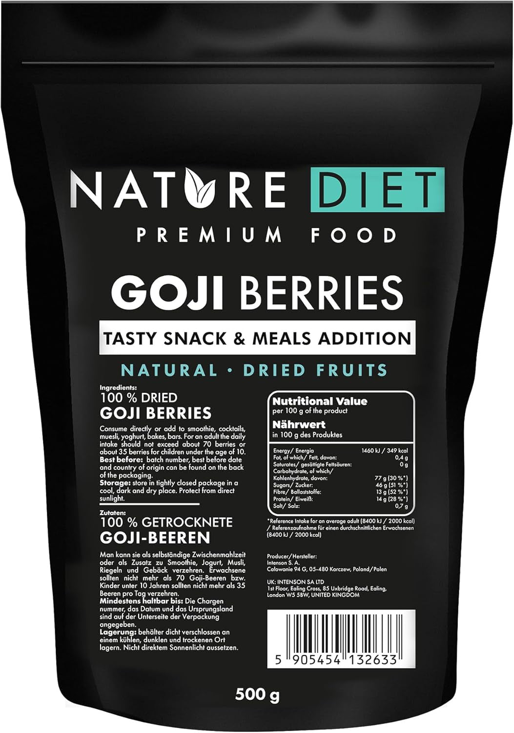 Nature Diet - Goji bobule 1000 g | Sušené bobule | Zdravá svačina Naty Shop dehydratované produkty 500G