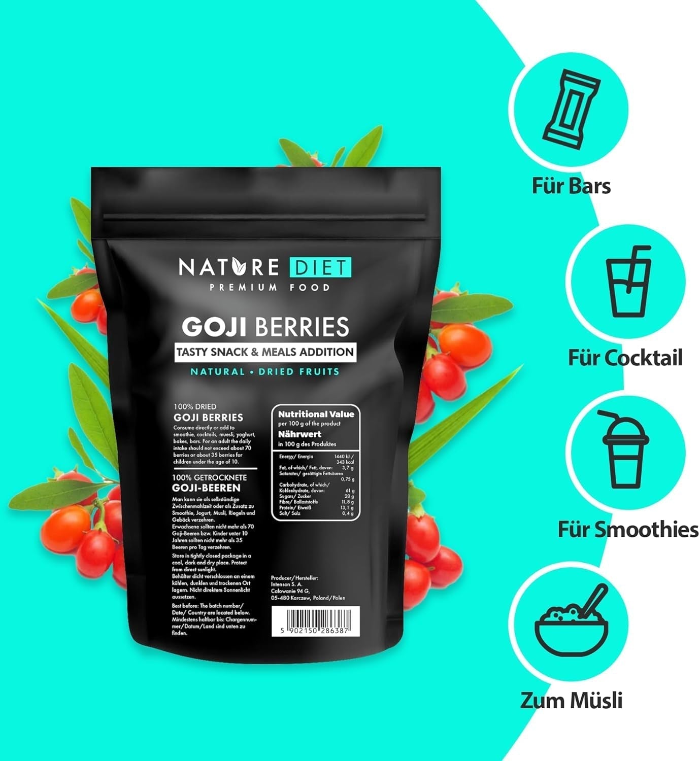 Nature Diet - Goji bobule 1000 g | Sušené bobule | Zdravá svačina Dehydrované produkty Naty Shop