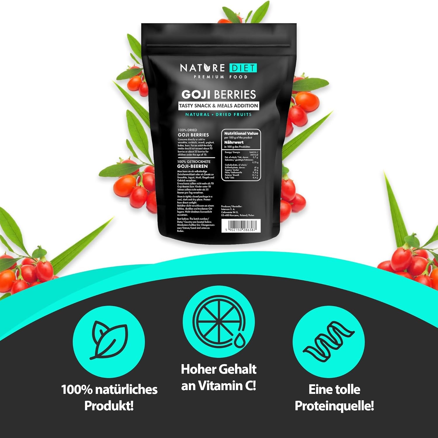 Nature Diet - Goji bobule 1000 g | Sušené bobule | Zdravá svačina Dehydrované produkty Naty Shop