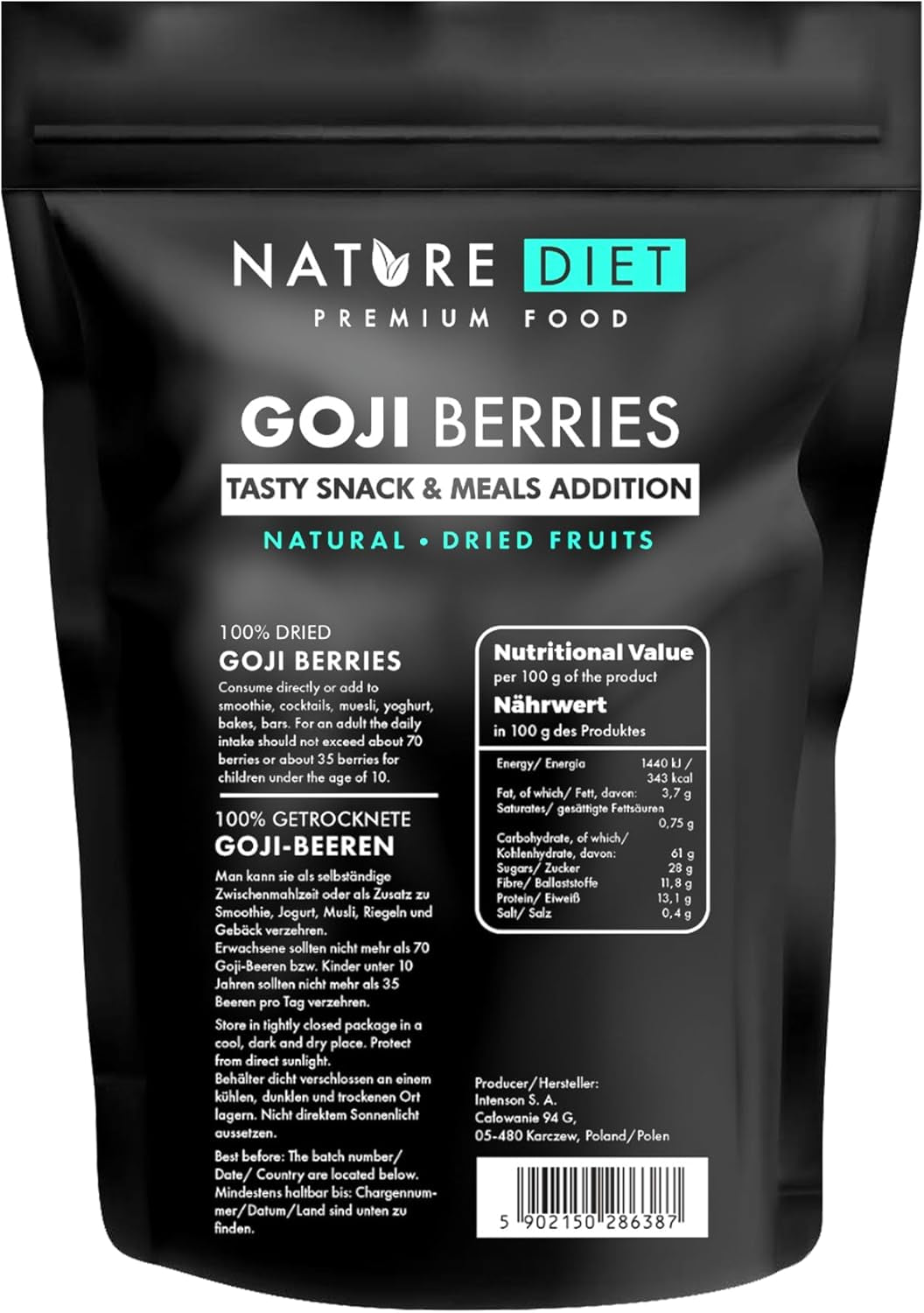 Nature Diet - Goji bobule 1000 g | Sušené bobule | Zdravá svačina Dehydrované produkty Naty Shop 1 kg (1 balení)