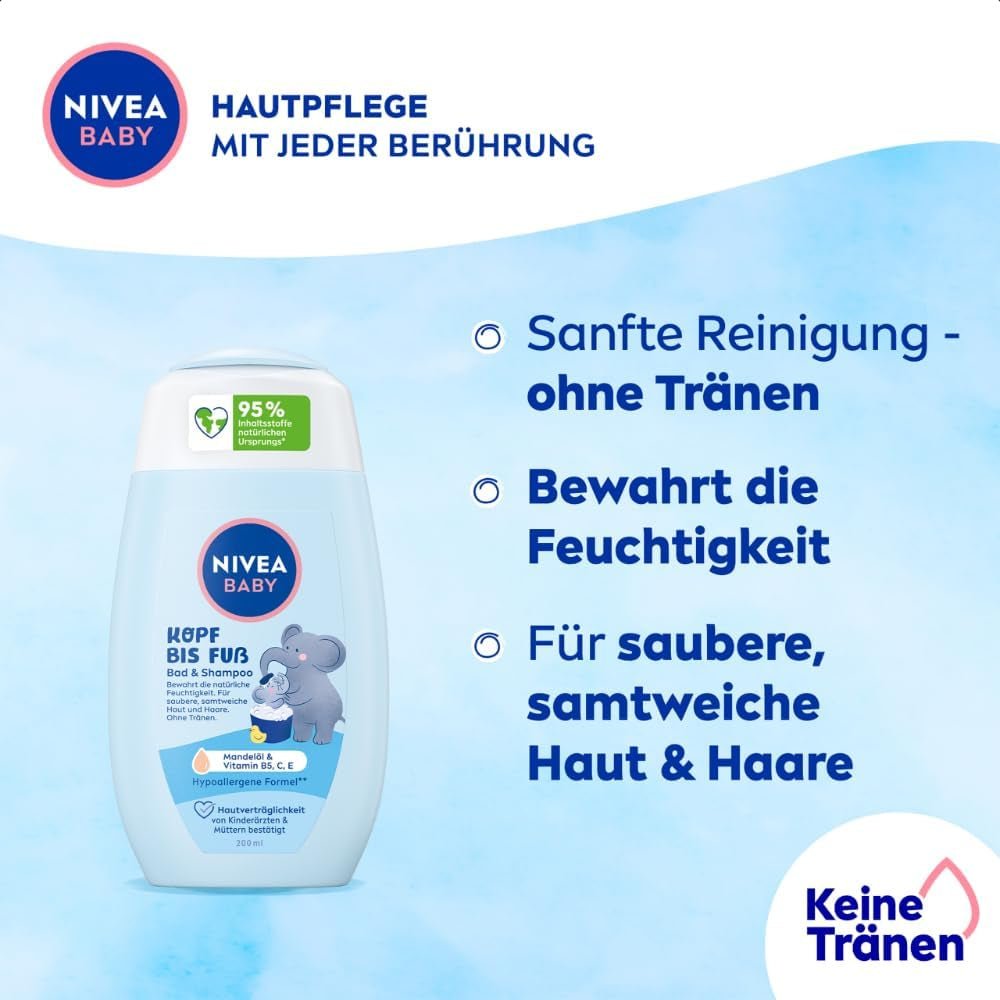 NIVEA BABY koupel & šampon od hlavy až k patě, jemný veganský šampon pro dětskou pokožku a vlásky s mandlovým olejem, relaxační sprchový gel s hypoalergenním složením bez parabenů a mikroplastů (200 ml) Děti - péče o pleť a koupel Naty Shop