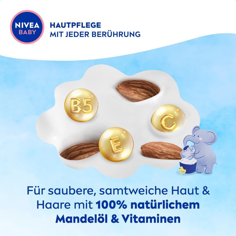 NIVEA BABY koupel & šampon od hlavy až k patě, jemný veganský šampon pro dětskou pokožku a vlásky s mandlovým olejem, relaxační sprchový gel s hypoalergenním složením bez parabenů a mikroplastů (200 ml) Děti - péče o pleť a koupel Naty Shop