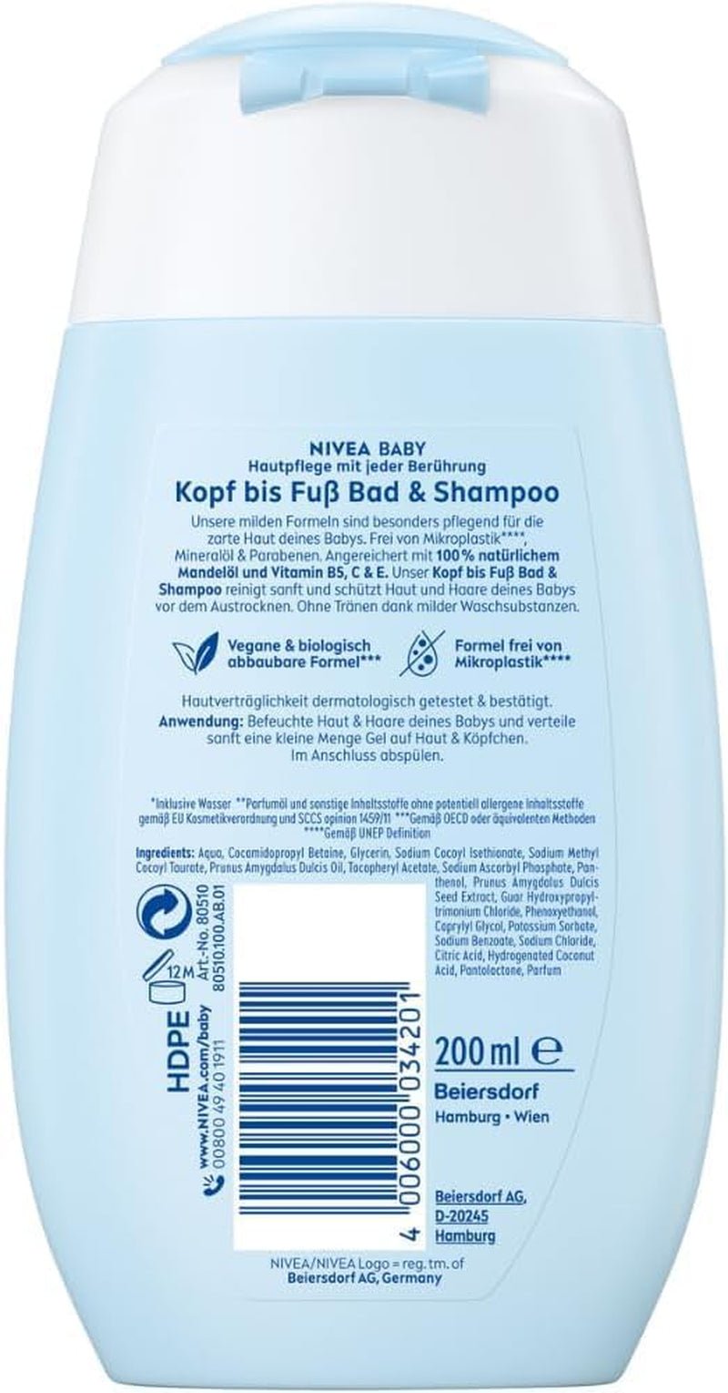 NIVEA BABY koupel & šampon od hlavy až k patě, jemný veganský šampon pro dětskou pokožku a vlásky s mandlovým olejem, relaxační sprchový gel s hypoalergenním složením bez parabenů a mikroplastů (200 ml) Děti - péče o pleť a koupel Naty Shop