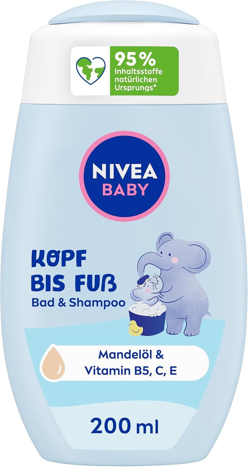 NIVEA BABY koupel & šampon od hlavy až k patě, jemný veganský šampon pro dětskou pokožku a vlásky s mandlovým olejem, relaxační sprchový gel s hypoalergenním složením bez parabenů a mikroplastů (200 ml) Děti - koupel a péče o pleť Naty Shop Výchozí název