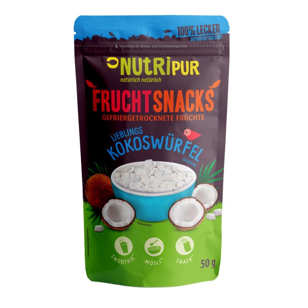 Lyofilizovaný kokos: 50 g lyofilizované ovoce - veganské sladkosti slazené kokosové kostky - přirozeně sušené ovoce od NutriPur Dehydratované produkty Naty Shop Výchozí název