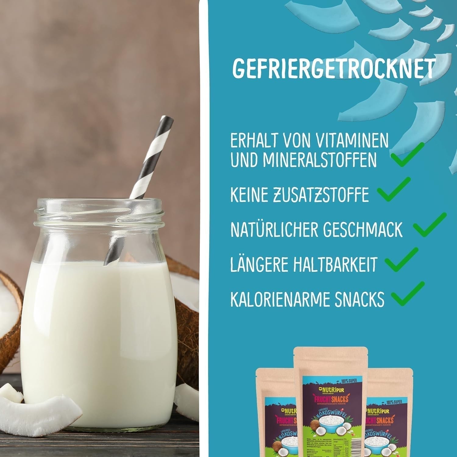 Lyofilizovaný kokos: 50 g lyofilizovaného ovoce - veganské sladkosti slazené kokosové kostky - přirozeně sušené ovoce z NutriPur Dehydratované produkty Naty Shop