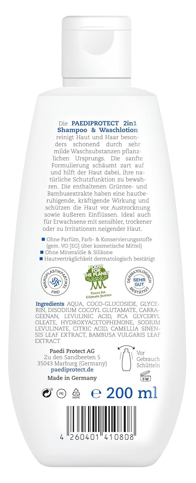 PAEDIPROTECT šampon a mycí mléko pro kojence a děti 2v1 200 ml, jemné mytí a vlásky bez parfemace a mikroplastů, sprchový gel hydratuje suchou a citlivou pokožku, i pro dospělé Děti - péče o pleť a koupel Naty Shop