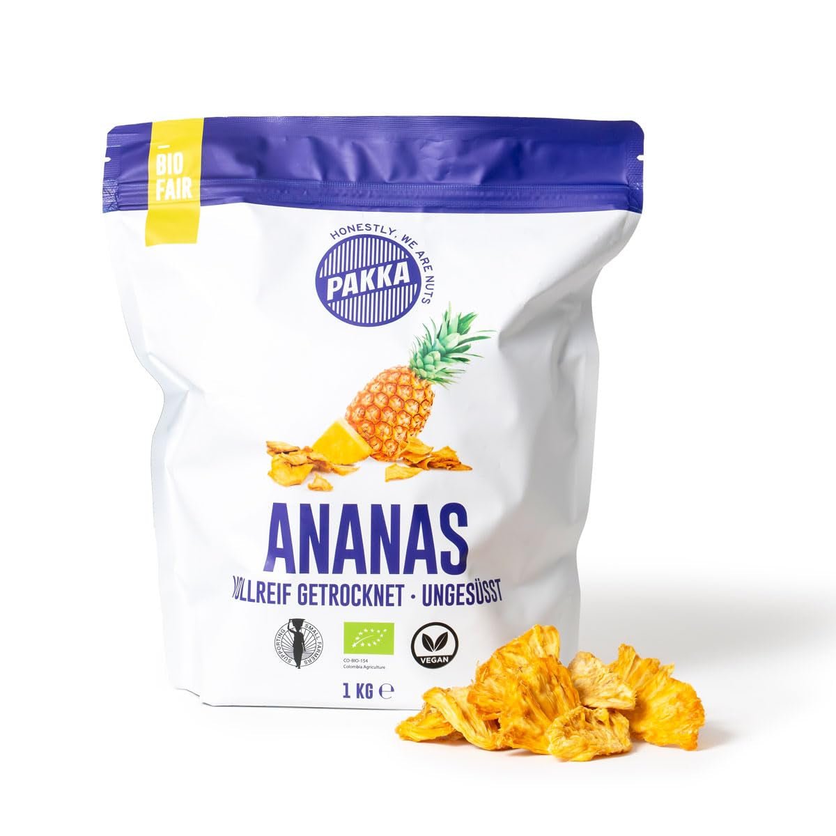 PAKKA bio a fair trade kousky ananasu 1kg, bio a fair trade sušený ananas, neslazený, nesířený, vyrobeno a plněno přímo výrobcem v Kolumbii, veganské 1000g Dehydrované produkty Naty Shop Varianta 2: 1 kg (1 balení)
