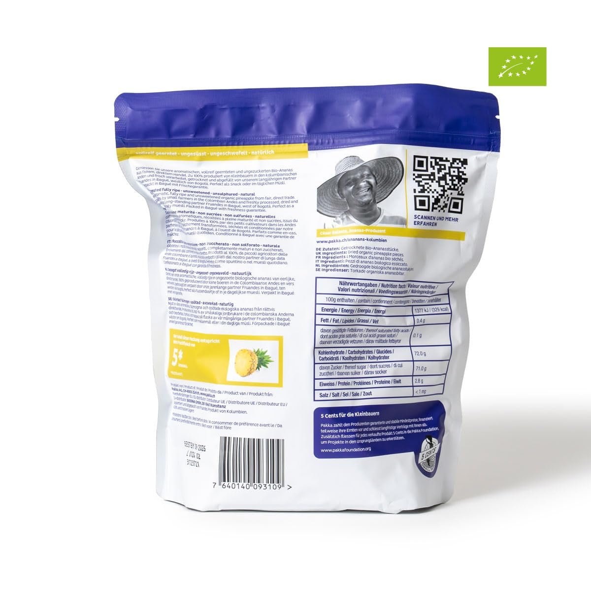 PAKKA bio a fair trade kousky ananasu 1kg, bio a fair trade sušený ananas, neslazený, nesířený, vyrobeno a plněno přímo výrobcem v Kolumbii, veganské 1000g Dehydrované produkty Naty Shop