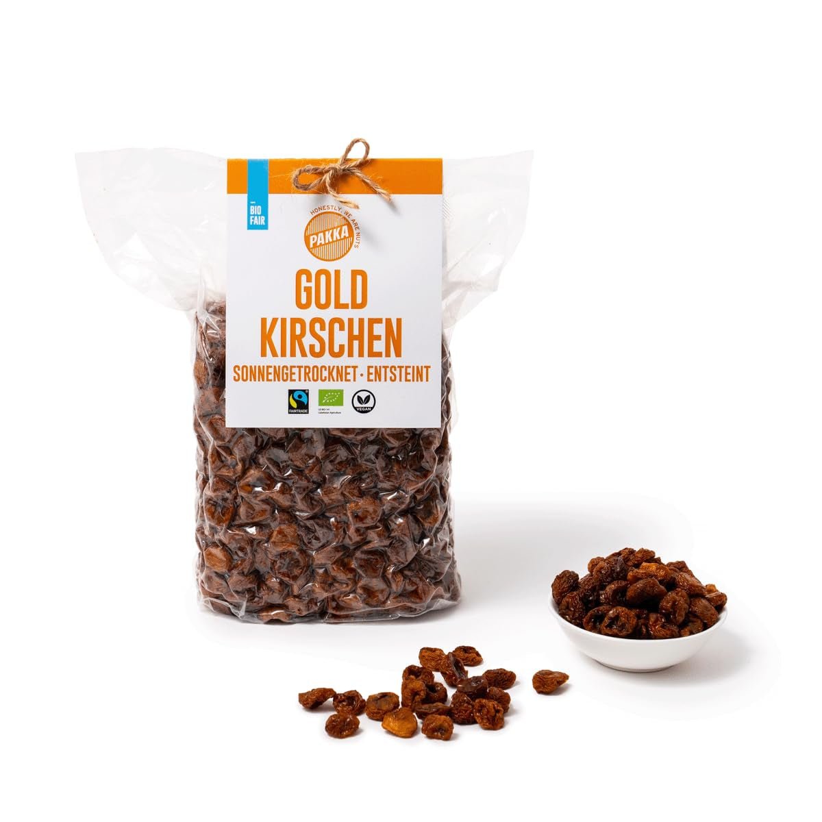 PAKKA - Organické Fairtrade zlaté třešně sušené na slunci 500 g, divoké třešně žluté, nesemenané, neslazené, přímo od malých farmářů v Samarkandu, Uzbekistán, Vegan, 500 g (1 balení) Naty Shop Dehydratované produkty Varianta 1: 500 G (1 balení)