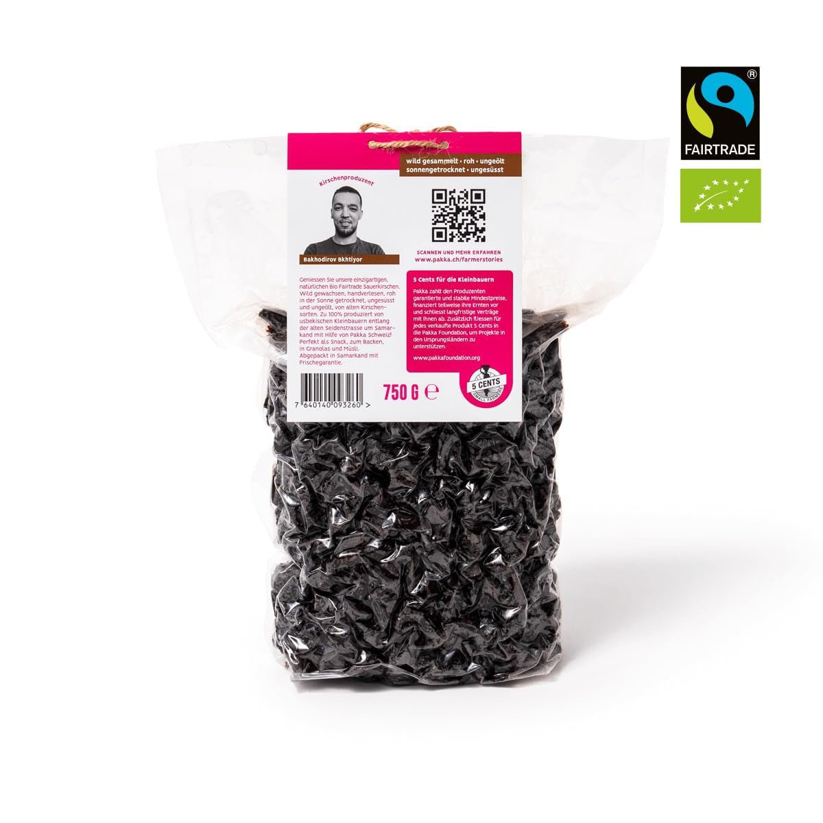 PAKKA - Bio Fairtrade třešně sušené na slunci 750 g, divoké sklizené bio třešně, neslazené, neslazené přímo od malých farmářů v Samarkandu, Uzbekistán, veganské, 750 g Naty Shop Dehydratované produkty