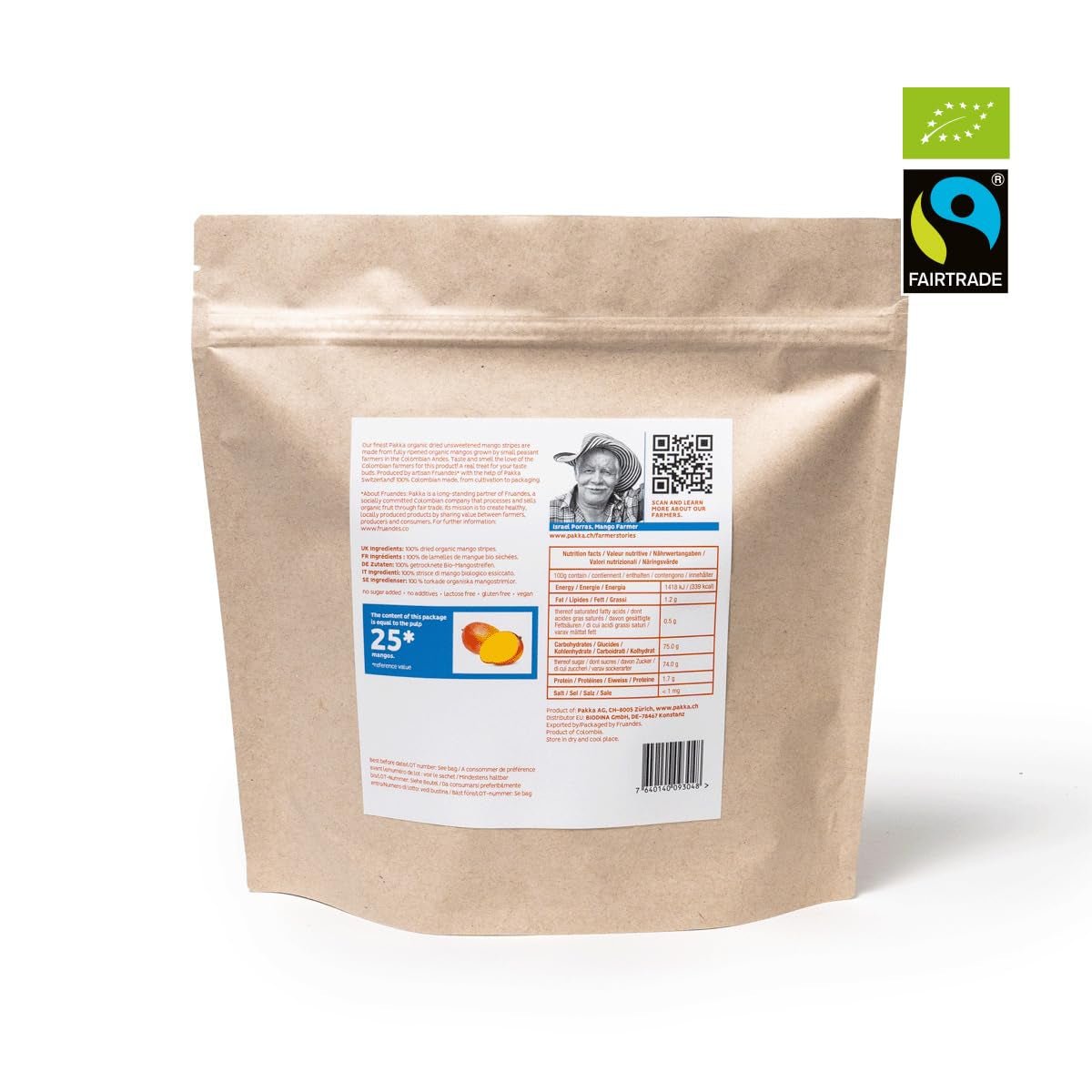 PAKKA bio fair trade mango 1kg, bio a poctivě sušené kousky manga, neslazené, nesířené, vyrobené a plněné přímo výrobcem v Kolumbii, veganské 1kg (1 balení) Dehydrované produkty Naty Shop