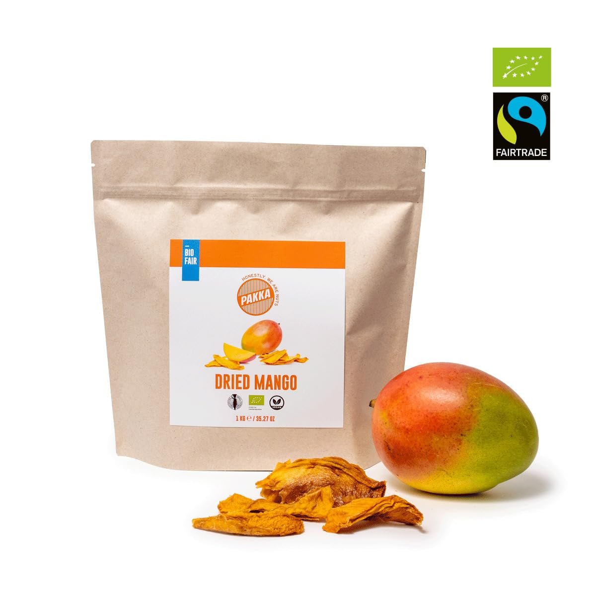 PAKKA bio fair trade mango 1kg, bio a poctivě sušené kousky manga, neslazené, nesířené, vyrobené a plněné přímo výrobcem v Kolumbii, veganské 1kg (1 balení) Dehydrované produkty Naty Shop