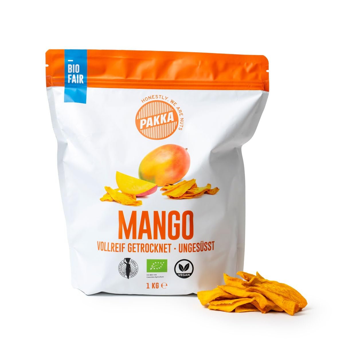 PAKKA bio fair trade mango 1kg, bio a poctivě sušené mango kousky, neslazené, nesířené, vyrobené a plněné přímo výrobcem v Kolumbii, veganské 1kg (1 balení) Naty Shop dehydratované produkty 1kg (1 balení)