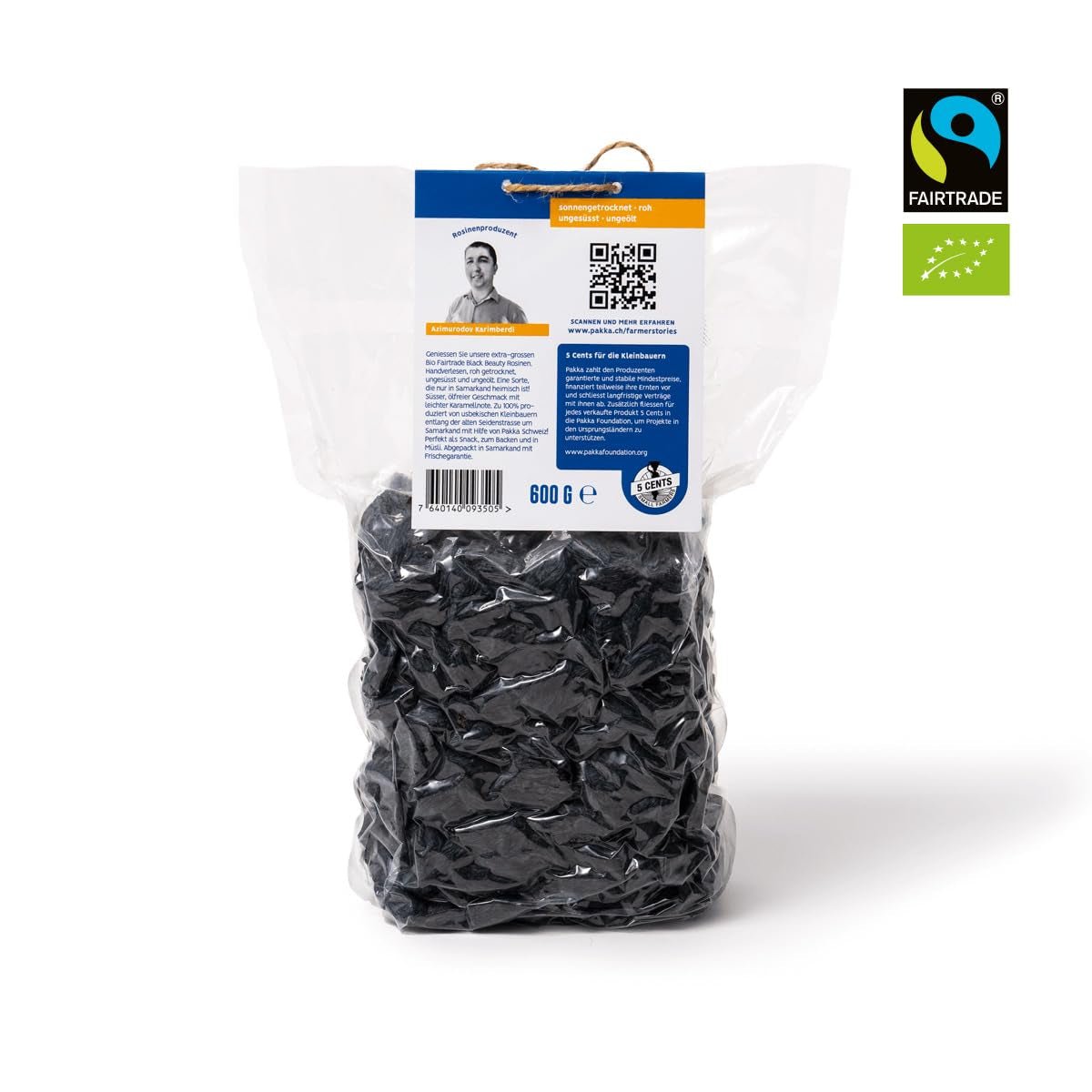 PAKKA - Bio Fairtrade Black Beauty Raisins 600gr, bio, bez pecek, černé hrozny, sušené na slunci, bez oleje, takže lepkavé, nesířené, přímo od malých farmářů v Samarkandu v Uzbekistánu Dehydrované produkty Naty Shop