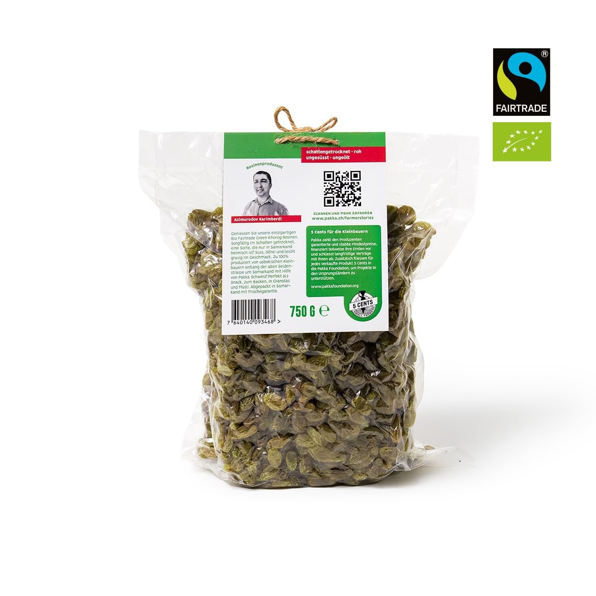PAKKA - Organické Fairtrade zelené rozinky Khorog 750 g, organické a Fairtrade, bez pecek, sušené ve stínu, bez oleje, tak lepkavé, přímo od malých farmářů v Samarkandu Uzbekistán, veganské, 750 g Naty Shop Dehydrated Products