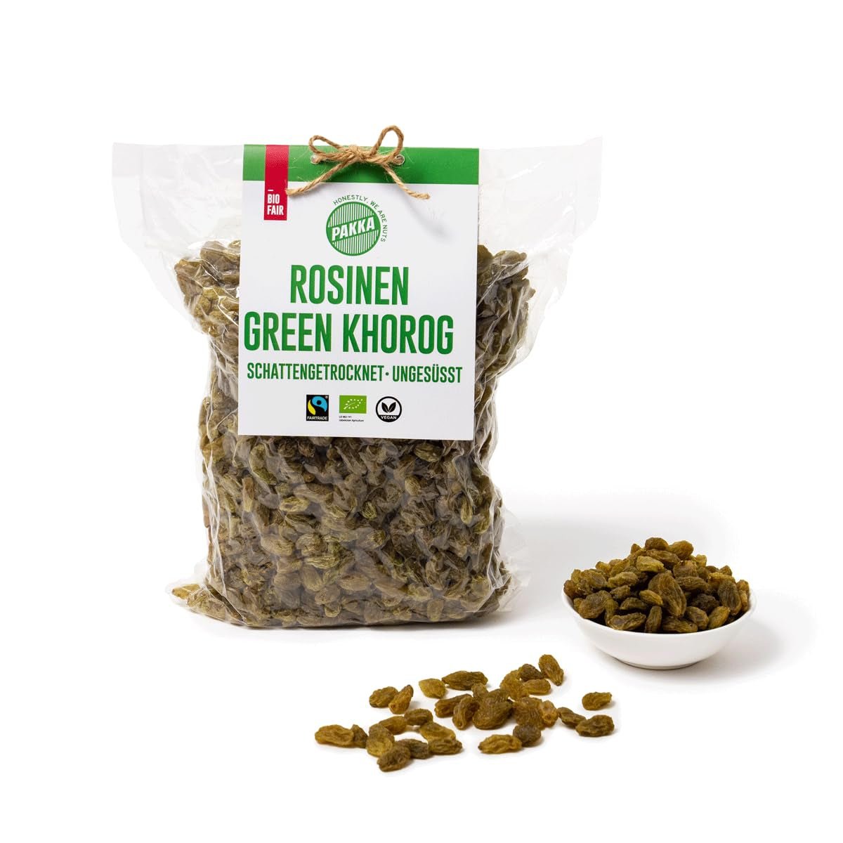 PAKKA - Organické rozinky Fairtrade Green Khorog 750 g, organické a Fairtrade, bez pecek, sušené ve stínu, bez oleje, tak lepkavé, přímo od malých farmářů v Samarkandu v Uzbekistánu, veganské, 750 g Naty Shop Dehydratované produkty Varianta 1: 750 G (1 balení)