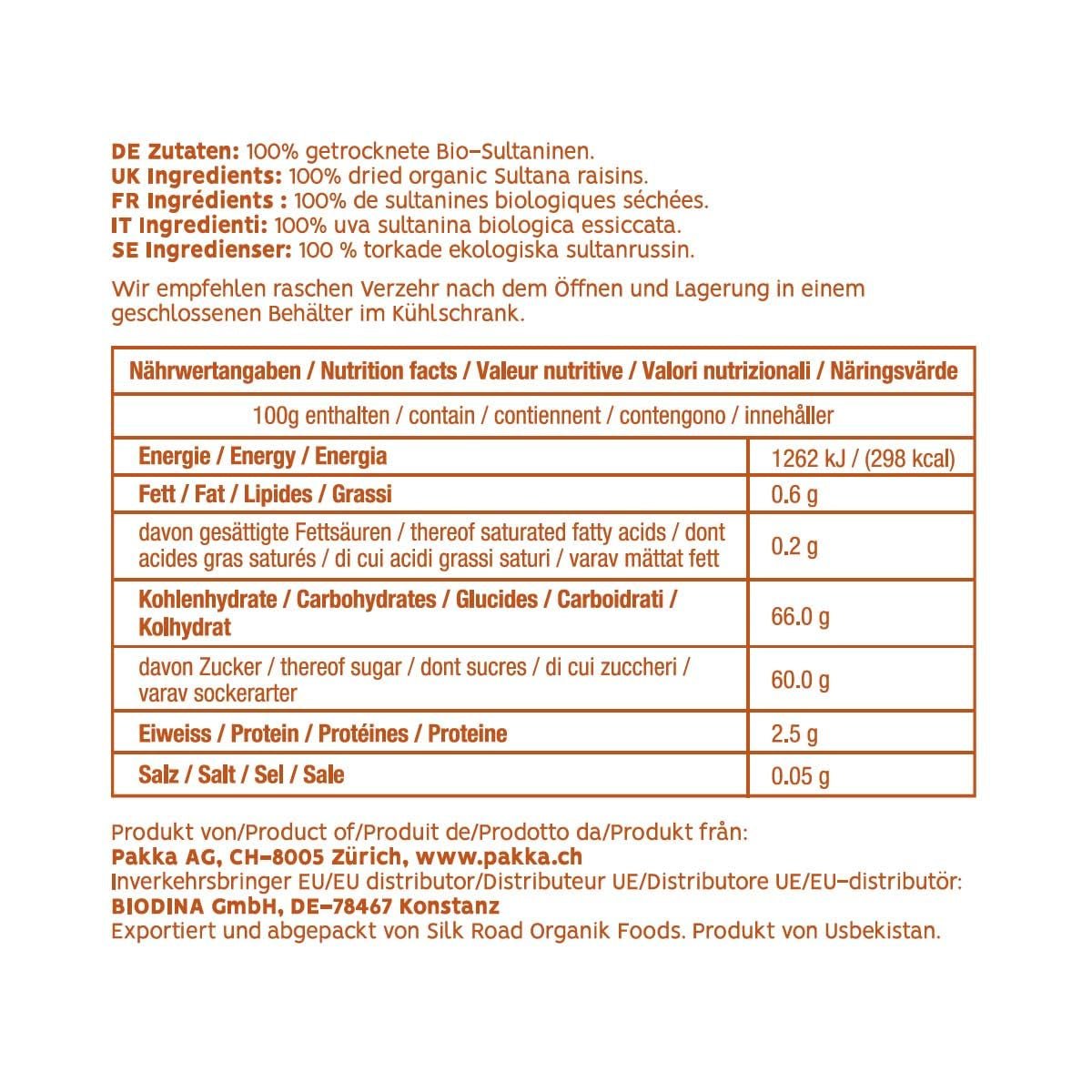 PAKKA - Bio Fairtrade Sultanas 1kg, bez pecek, bez kůže a na slunci sušené Sultanas Sultanas ze Samarkandu Uzbekistán 1000g Dehydrované produkty Naty Shop