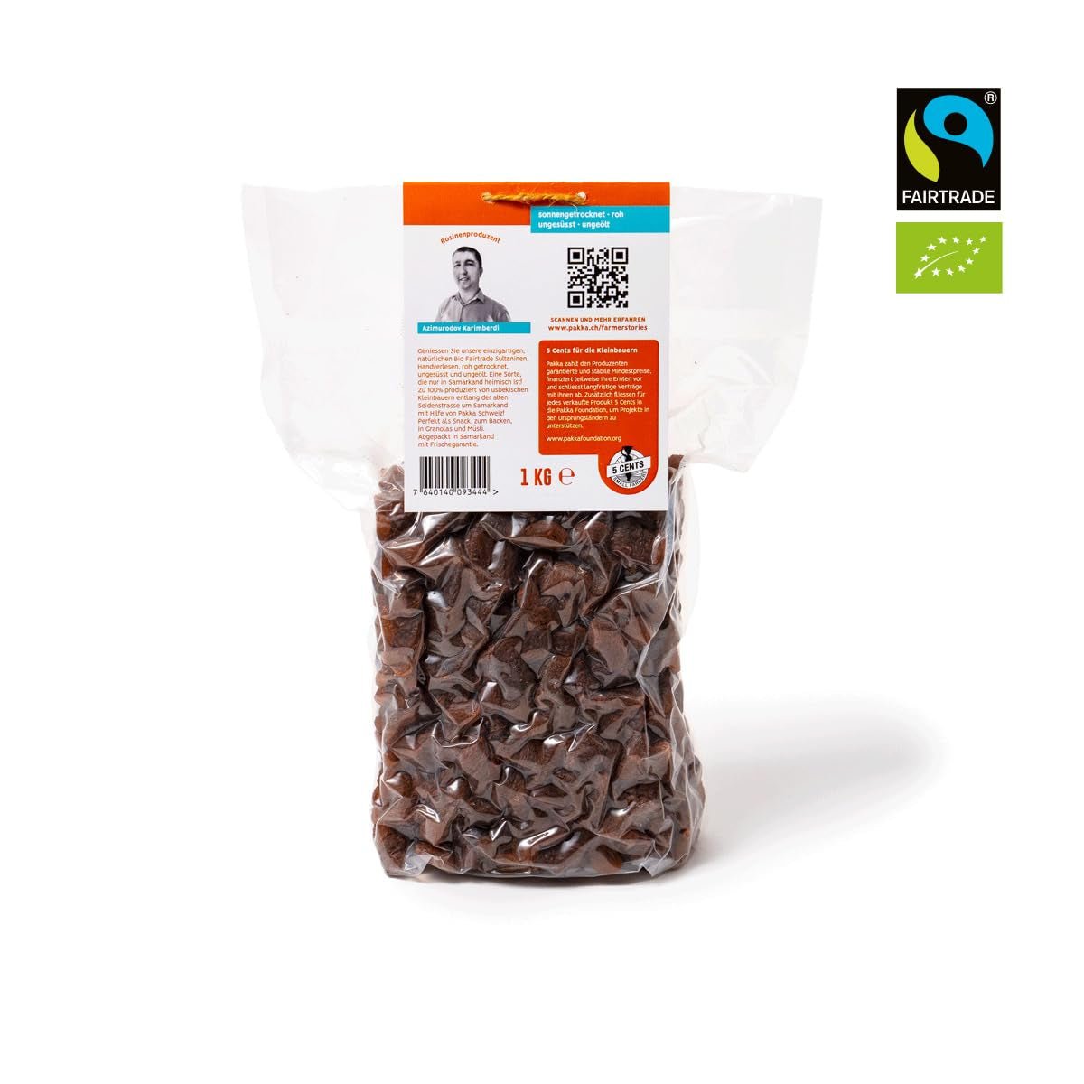 PAKKA - Bio Fairtrade Sultanas 1kg, bez pecek, bez kůže a na slunci sušené Sultanas Sultanas ze Samarkandu Uzbekistán 1000g Dehydrované produkty Naty Shop