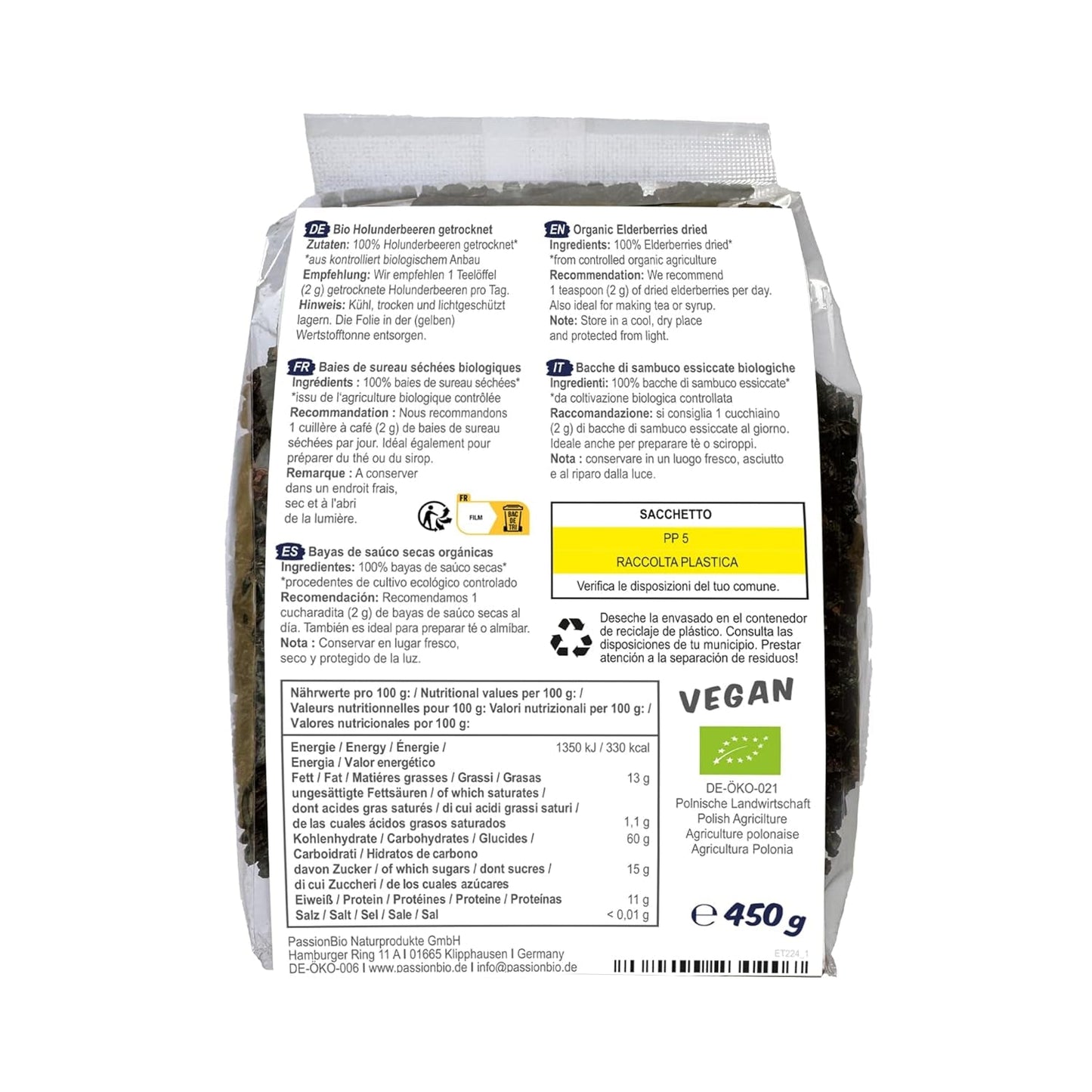 PassionBio Bio sušené bezinky 450g - Černý bez na čaj a sirup - veganské, bez konzervantů, bez přidaného cukru (podle zákona) Dehydrované produkty Naty Shop