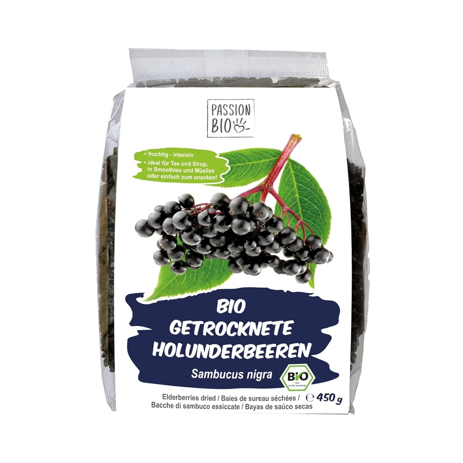 PassionBio Bio sušené bezinky 450 g - Černý bez na čaj a sirup - Veganské, bez konzervantů, bez přidaného cukru (ze zákona) Dehydrované produkty Naty Shop Výchozí název