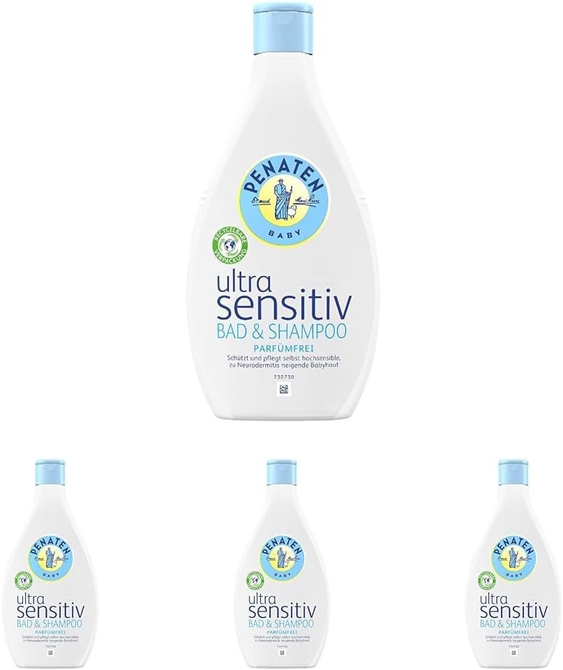 PENATEN Ultra Sensitive Bath & Shampoo (400 ml), koupel a šampon pro kojence zvláště jemný pro velmi citlivou pokožku miminek se sklonem k neurodermatitidě, sprchový gel a šampon na vlasy bez parfemace a barviv Děti - péče o pleť a koupel Naty Shop 400 Ml (balení 4 ks) Mycí gel