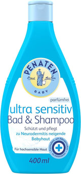PENATEN Ultra Sensitive Bath & Shampoo (400 ml), dětská koupel a šampon zvláště jemný pro velmi citlivou pokožku miminek se sklonem k neurodermatitidě, sprchový gel a šampon na vlasy bez parfemace a barviv Děti - Péče do koupele a pokožky Naty Shop 400 Ml (1 balení) Mycí gel