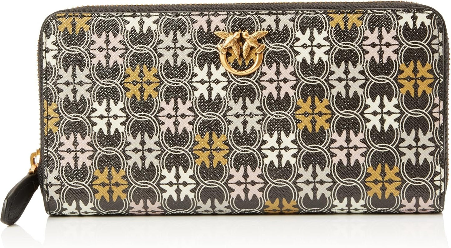 Pinko Women's Ryder Zip Around Leather Print Logo Peněženka na cestovní doplňky, Zm7q_Black/Brown/White.Antique Go Wallet Women Naty Shop Výchozí název
