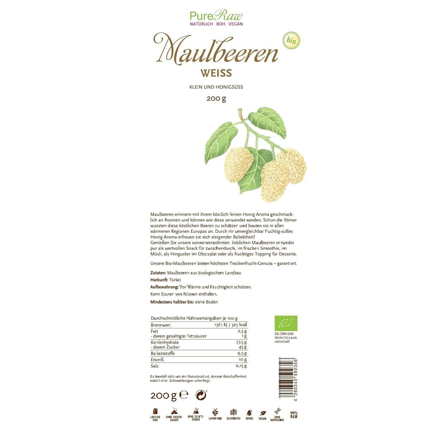 Premium Bio sušené (Raw Vegan) bílé moruše Morus Alba Morus Alba - Sušené ovoce bez přidaného cukru z Turecka - Bio Raw bílé moruše sušené ovoce | PureRaw 200g Dehydrované produkty Naty Shop