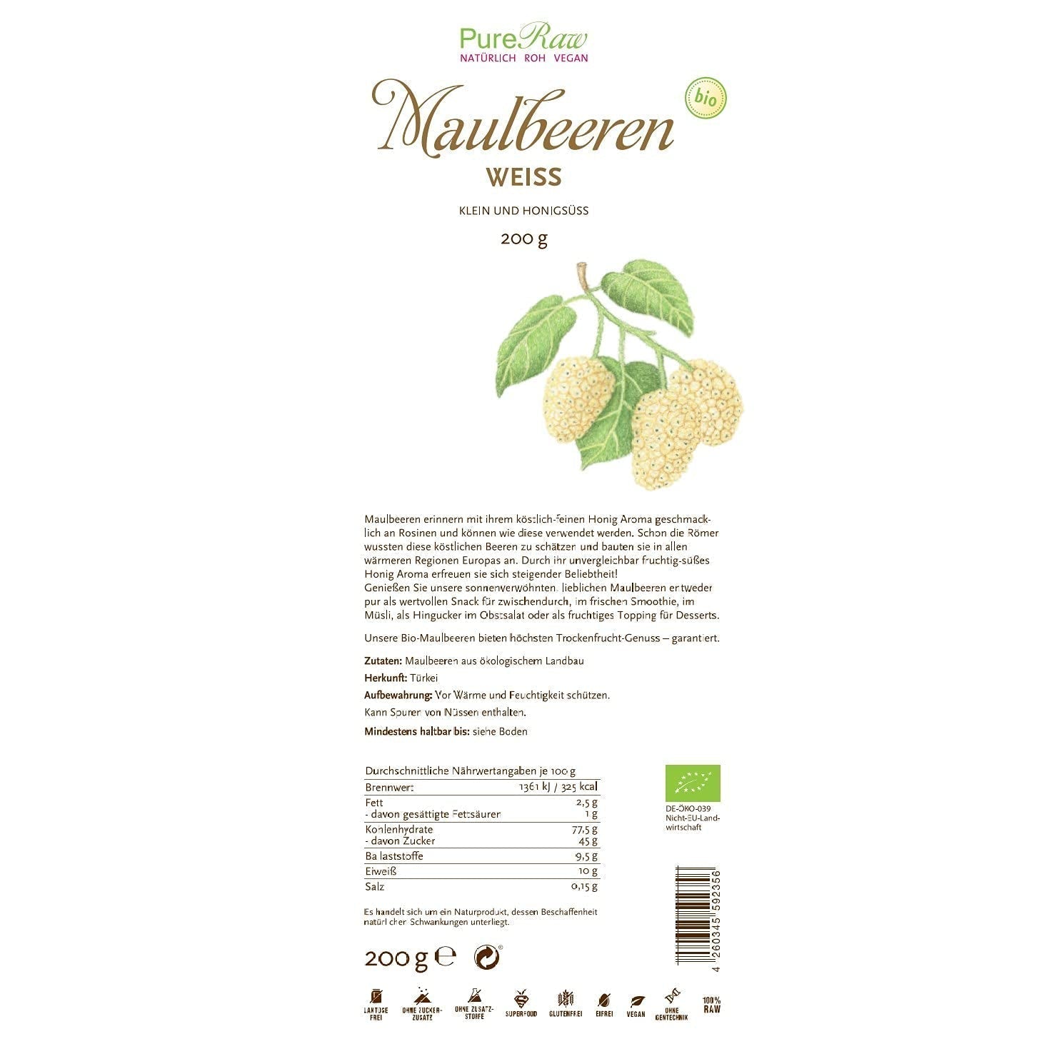 Premium Bio sušené (Raw Vegan) bílé moruše Morus Alba Morus Alba - Sušené ovoce bez přidaného cukru z Turecka - Bio Raw bílé moruše sušené ovoce | PureRaw 200g Dehydrované produkty Naty Shop