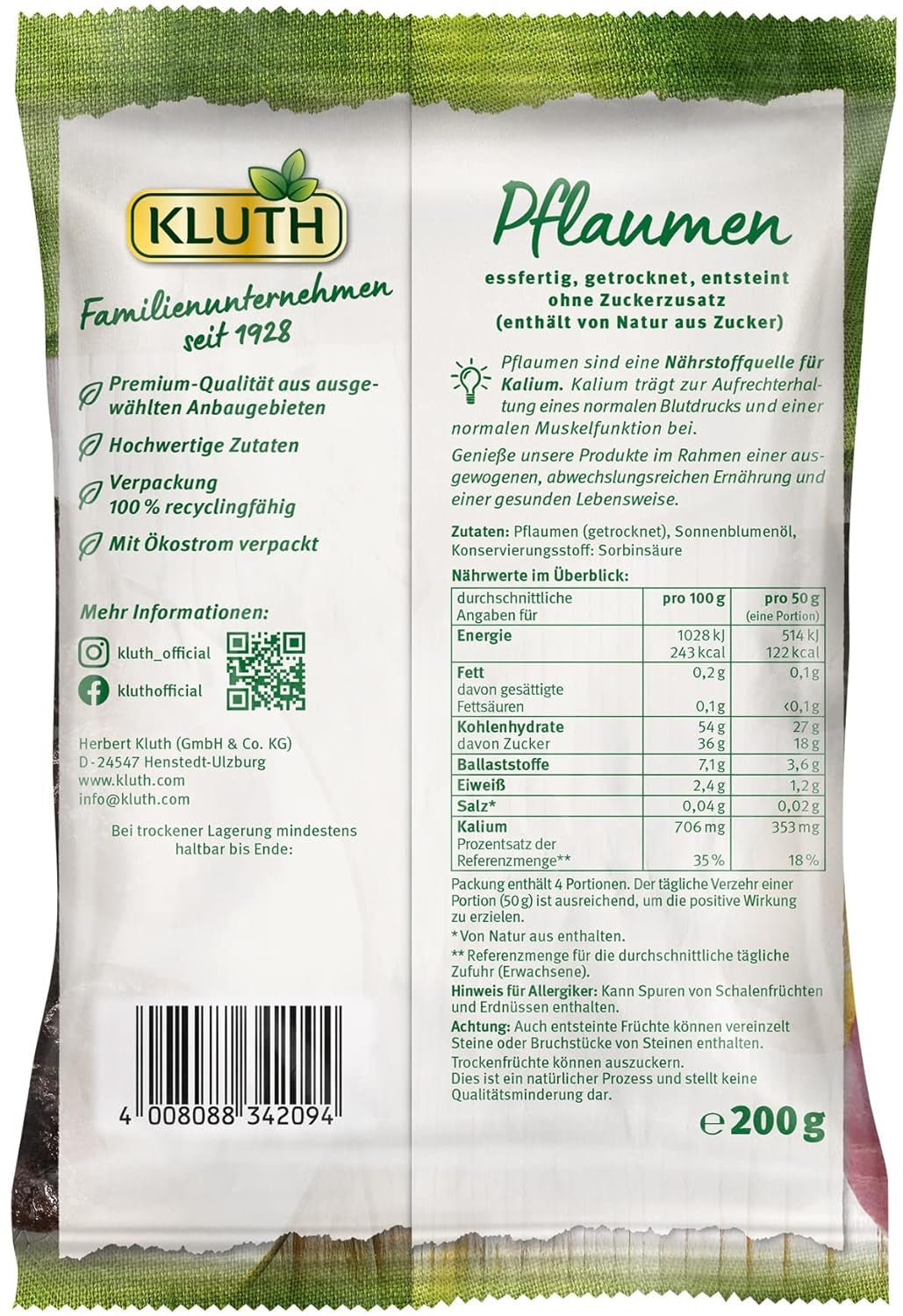 Švestky s peckami 200g - Aromatické, ovocné a přirozeně sladké - Veganské, nesířené, bez pecek a bez přidaného cukru - Nutri-Score A (1 x 200g) Dehydrované produkty Naty Shop