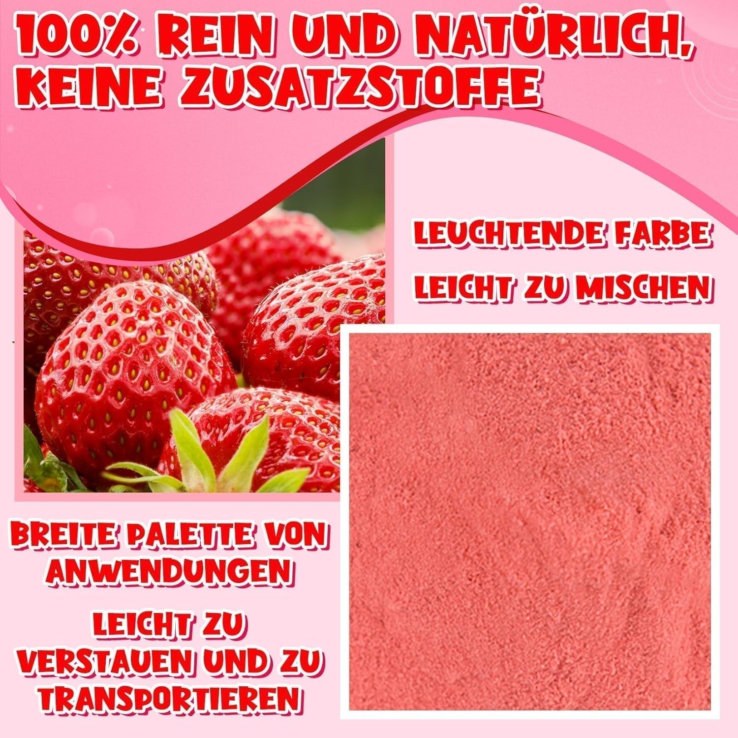 Jahodový prášek 120g - 100% přírodní jahody Lyofilizované, bez přísad Snadné míchání Výživné, mrazem sušené jahody na zmrzlinu, dorty, smoothie, nápoje, chuťový prášek Dehydrované produkty Naty Shop