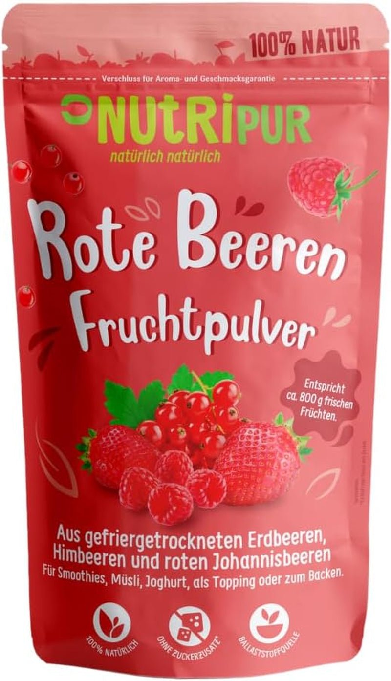 Prášek z červeného ovoce: 100 g malin, červeného rybízu a lyofilizovaných jahod - sušené ovoce bez přidaného cukru, bez inkoustu - smoothie bowl, smoothie prášek - topping od NutriPur Dehydratované produkty Naty Shop Výchozí název