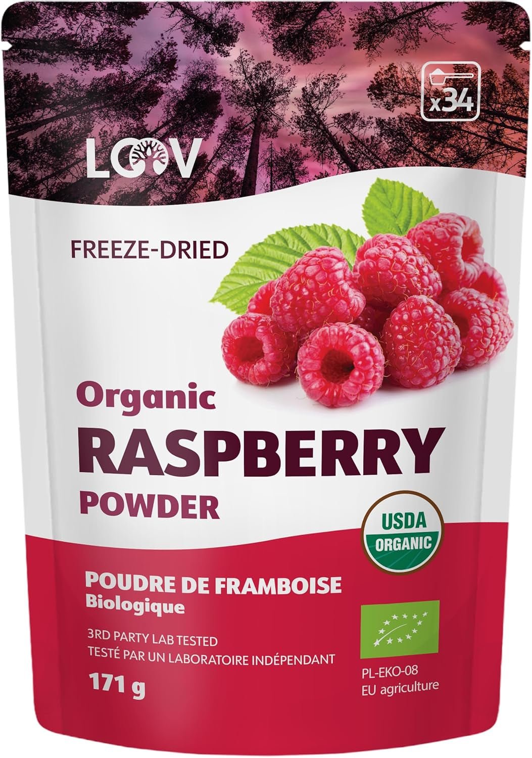 Organický malinový prášek 100% celé maliny sušené mrazem sušené maliny v prášku 171 g z Evropy 24denní dodávka Bez přidaného cukru Naty Shop Dehydratované produkty Výchozí název