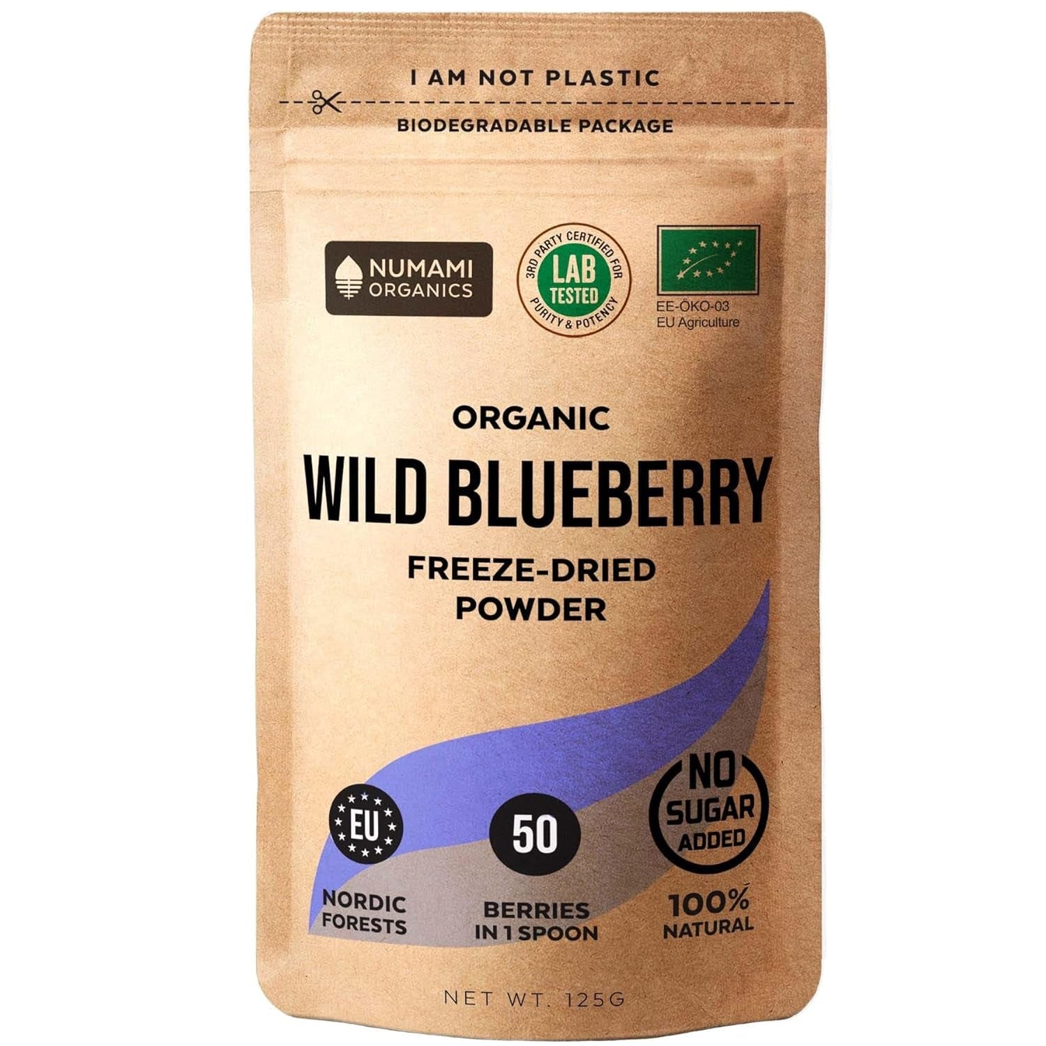 Organický prášek z divokých borůvek, mrazem sušené celé borůvky, 100% kvalita syrových potravin, bohaté na antioxidanty a vitamín C, bez přidaného cukru, sklizeno v severní Evropě Naty Shop Dehydrated Products 125 Gms