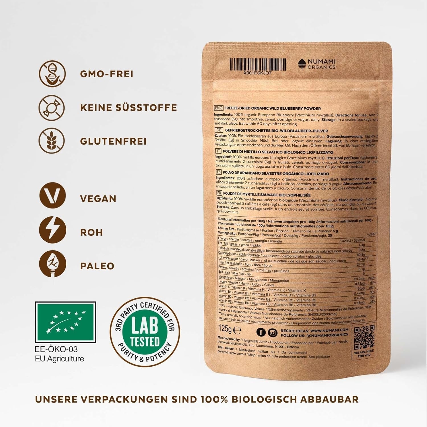 Organický prášek z divokých borůvek, lyofilizované celé borůvky, 100% kvalita syrových potravin, bohaté na antioxidanty a vitamín C, bez přidaného cukru, sklizeno v severní Evropě Sušené produkty Naty Shop