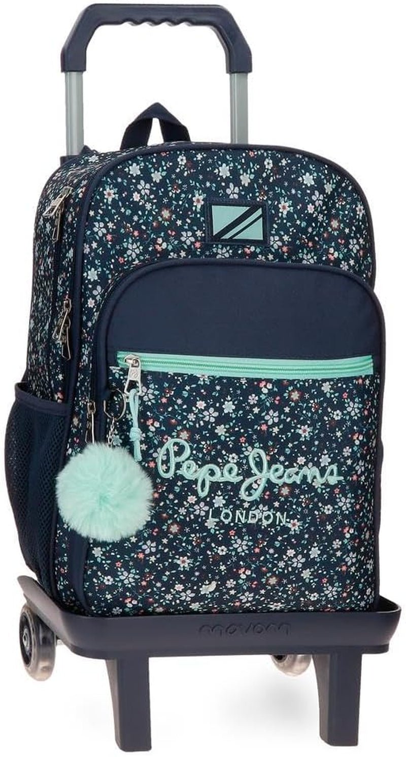 Pepe Jeans Alenka školní batoh s vozíkem, modrý, 30 x 40 x 12 cm, polyester, 14,4 l, modrý, školní batoh s vozíkem Prémiové batohy a brašny Naty Shop Rucksack + Trolley