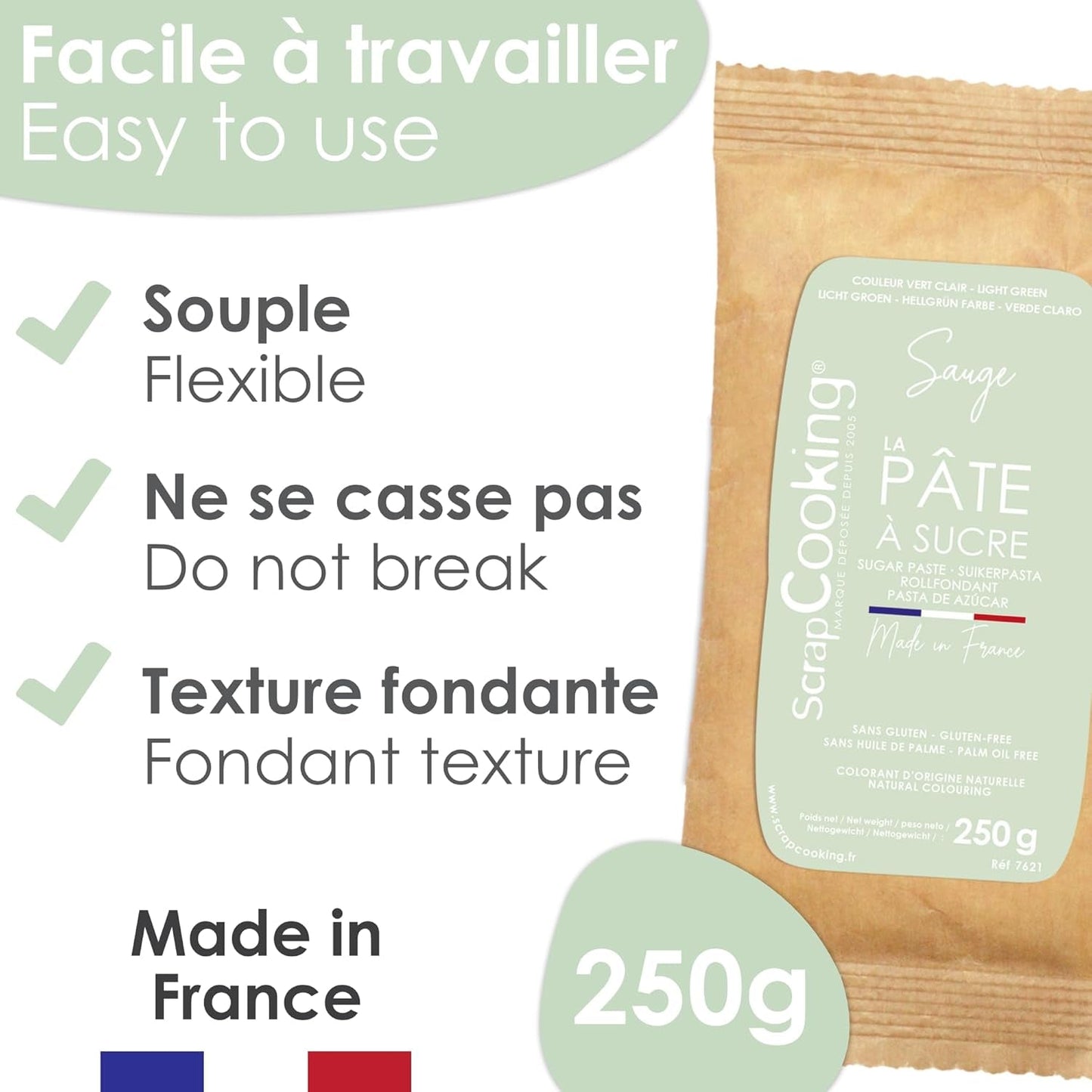 ScrapCooking - Pâte Ã Sucre Vert Sauge 250 g - Colorant d'Origine Naturelle - Sans Gluten, Sans Huile de Palme - Pour Gâteaux, Pâtisseries Anniversaire - Vert Pastel - Fabrikie en France - 7621 Cukrová pasta Naty Shop