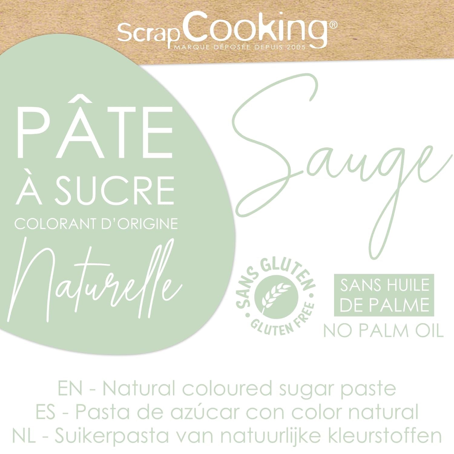 ScrapCooking - Pâte Ã Sucre Vert Sauge 250 g - Colorant d'Origine Naturelle - Sans Gluten, Sans Huile de Palme - Pour Gâteaux, Pâtisseries Anniversaire - Vert Pastel - Fabrikie en France - 7621 Cukrová pasta Naty Shop