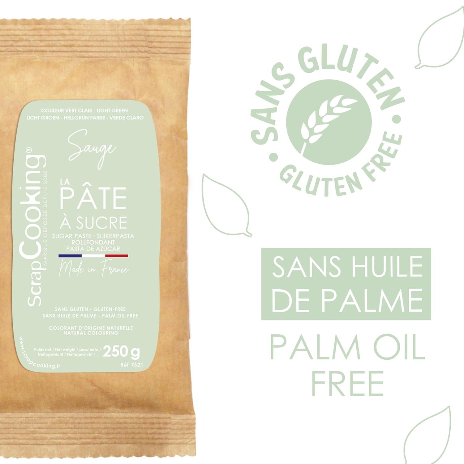 ScrapCooking - Pâte Ã Sucre Vert Sauge 250 g - Colorant d'Origine Naturelle - Sans Gluten, Sans Huile de Palme - Pour Gâteaux, Pâtisseries Anniversaire - Vert Pastel - Fabrikie en France - 7621 Cukrová pasta Naty Shop