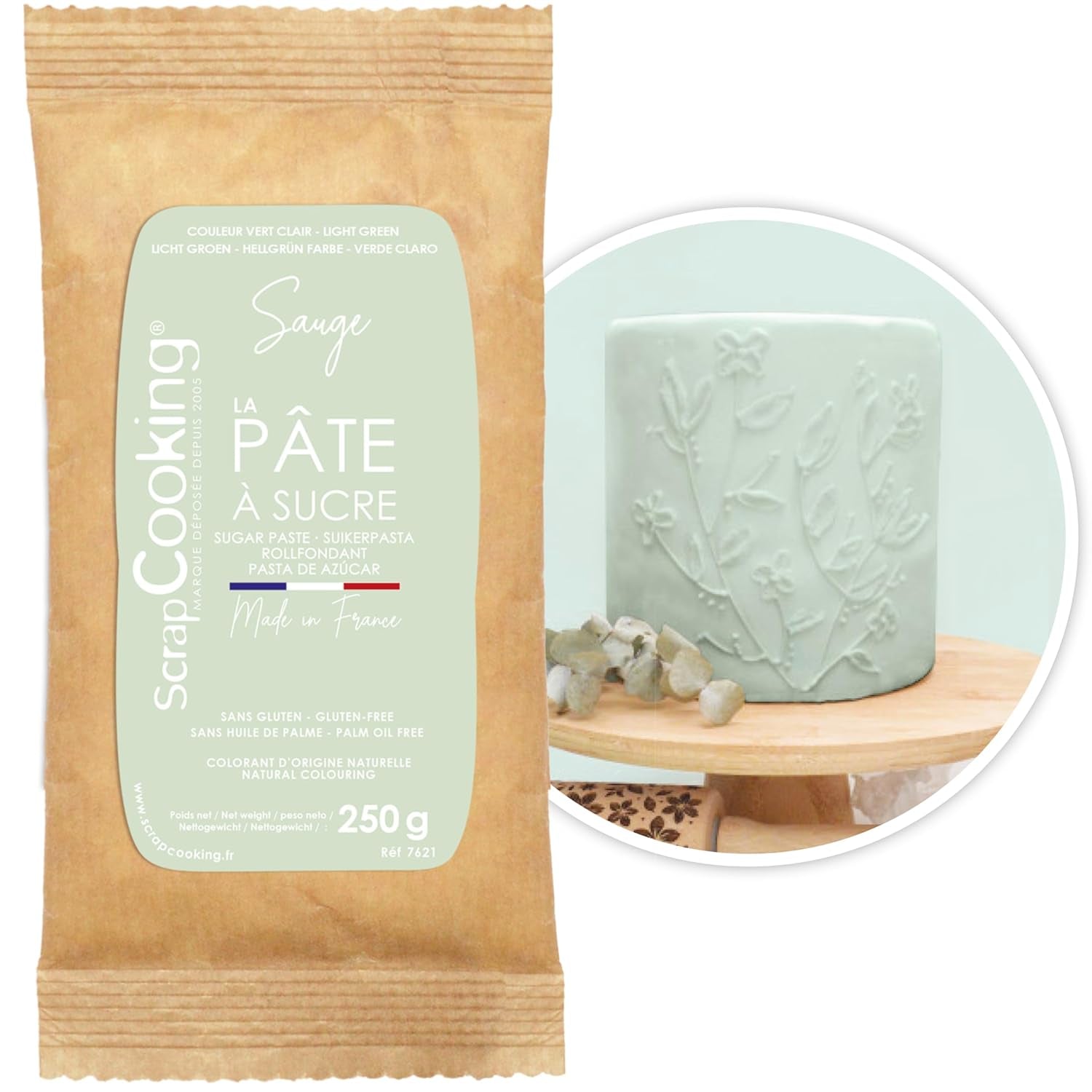 ScrapCooking - Pâte Ã Sucre Vert Sauge 250 g - Colourant d'Origine Naturelle - Sans Gluten, Sans Huile de Palme - Pour Gâteaux, Pâtisseries Anniversaire - Vert Pastel - Fabrikie en France - 7621 Cukrová pasta Naty Shop pastelově růžová nude