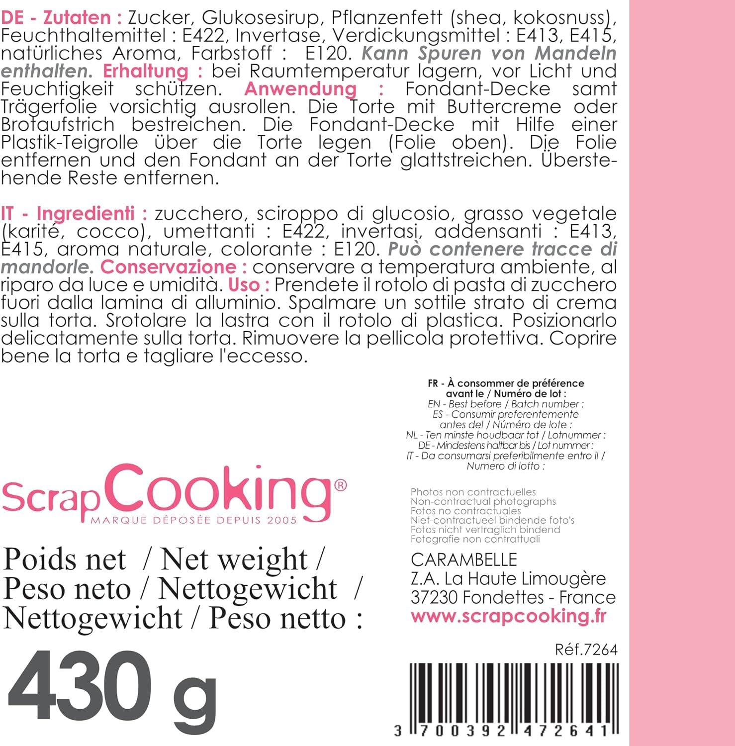 ScrapCooking - Růžová fondánová roláda â'¬ 36 cm - Rolovaný černý fondán 430 g - Dortový topper fondánová ozdoba na dorty, pečení, narozeniny, párty - Růžová - 7264 Cukrová pasta Naty Shop