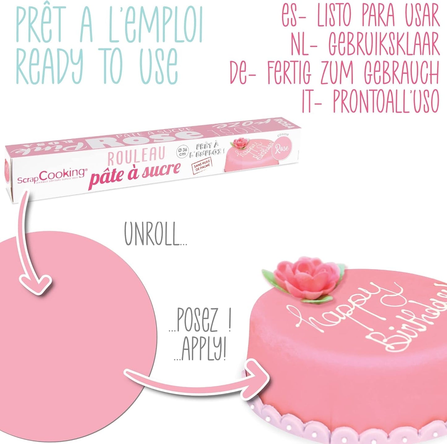 ScrapCooking - Růžová fondánová roláda â'¬ 36 cm - Rolovaný černý fondán 430 g - Dortový topper fondánová ozdoba na dorty, pečení, narozeniny, párty - Růžová - 7264 Cukrová pasta Naty Shop