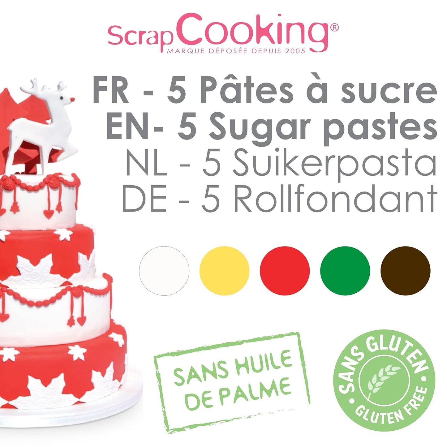 ScrapCooking - Sada 5 ks fondantů - bílý, žlutý, červený, zelený a hnědý - 5 x 80 g - cukrová pasta na dorty Ozdoby na dorty Narozeniny Vánoce - bez lepku a bez palmového oleje - 7257 Naty Shop Sugarpaste