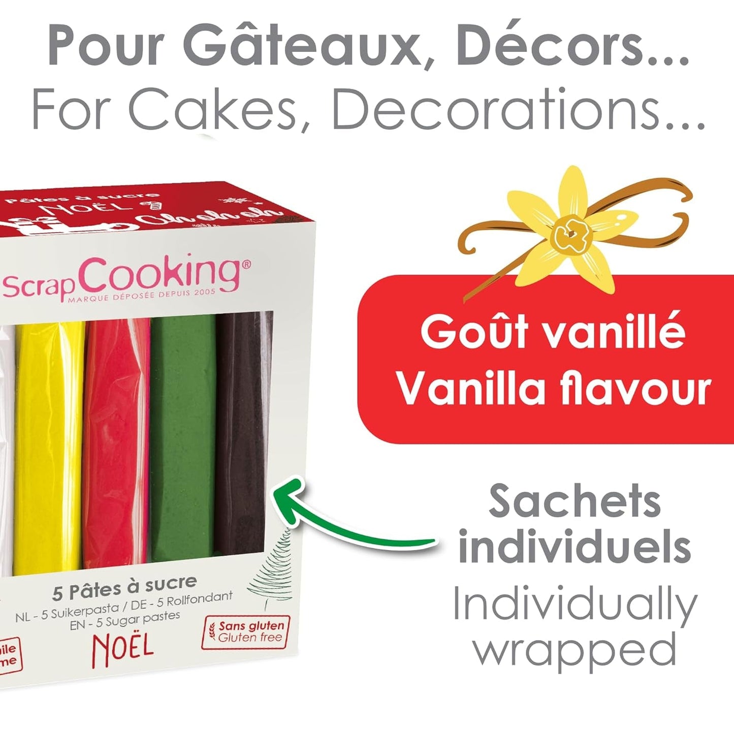 ScrapCooking - Sada 5 ks fondantů - bílý, žlutý, červený, zelený a hnědý - 5 x 80 g - cukrová pasta na dorty Ozdoby na dorty Narozeniny Vánoce - bez lepku a bez palmového oleje - 7257 Naty Shop Sugarpaste