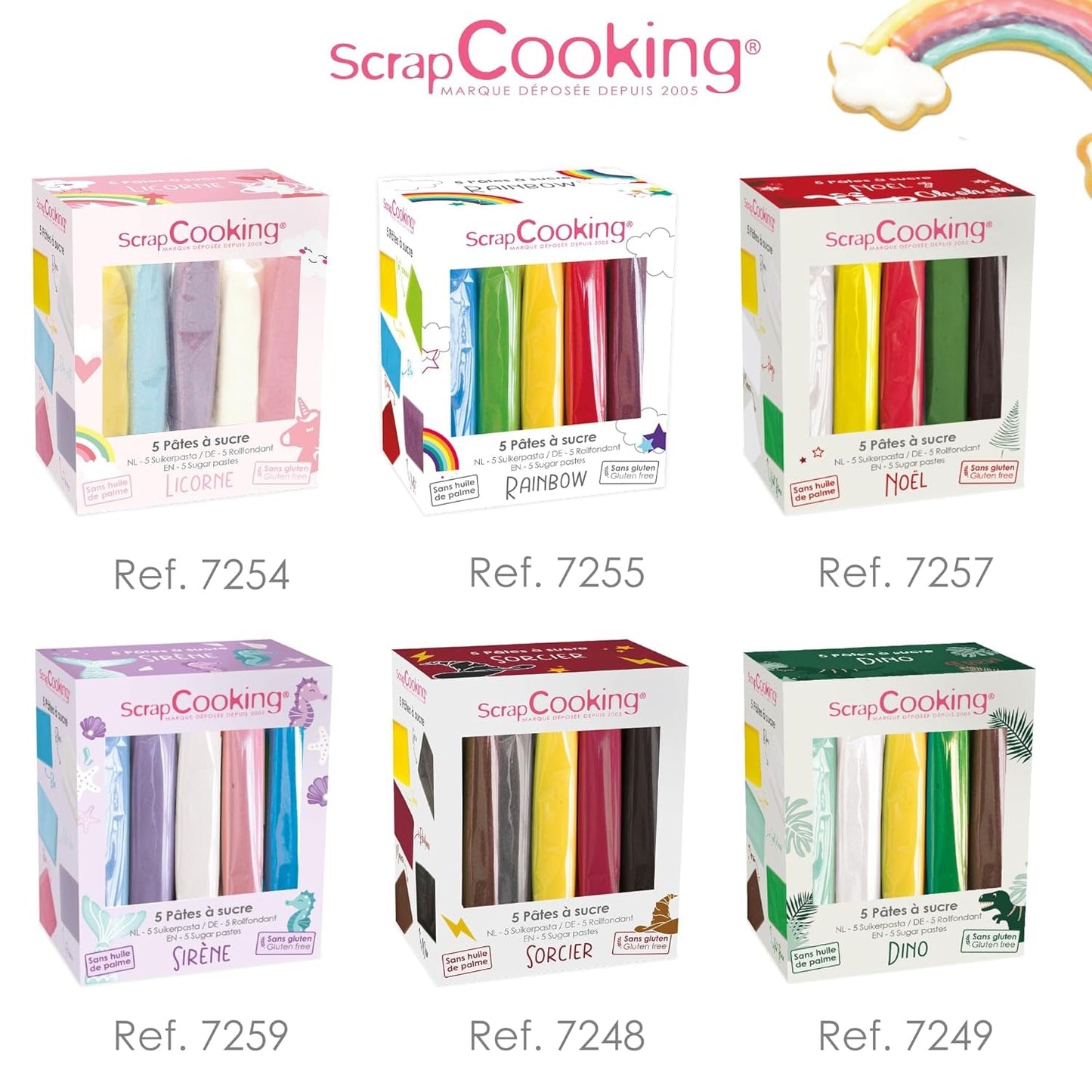ScrapCooking - Sada 5 ks fondantů - bílý, žlutý, červený, zelený a hnědý - 5 x 80 g - cukrová pasta na dorty Ozdoby na dorty Narozeniny Vánoce - bez lepku a bez palmového oleje - 7257 Naty Shop Sugarpaste