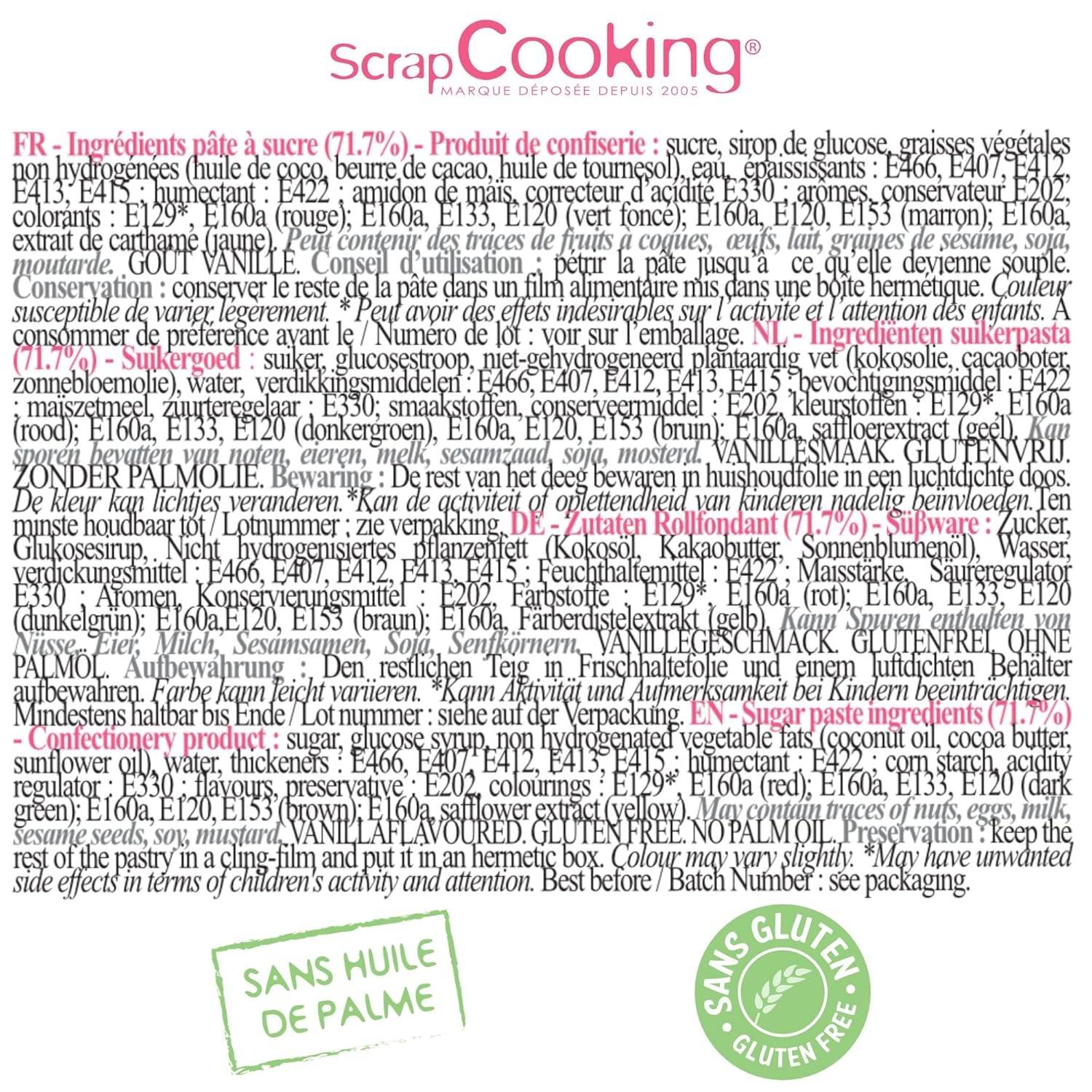 ScrapCooking - Sada 5 ks fondantů - bílý, žlutý, červený, zelený a hnědý - 5 x 80 g - cukrová pasta na dorty Ozdoby na dorty Narozeniny Vánoce - bez lepku a bez palmového oleje - 7257 Naty Shop Sugarpaste