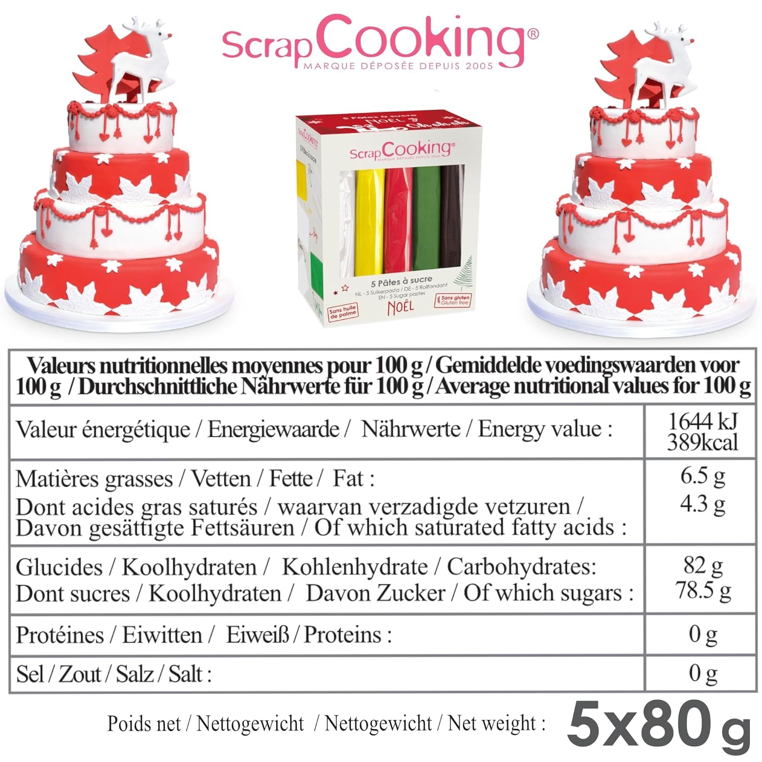 ScrapCooking - Sada 5 ks fondantů - bílý, žlutý, červený, zelený a hnědý - 5 x 80 g - cukrová pasta na dorty Ozdoby na dorty Narozeniny Vánoce - bez lepku a bez palmového oleje - 7257 Naty Shop Sugarpaste