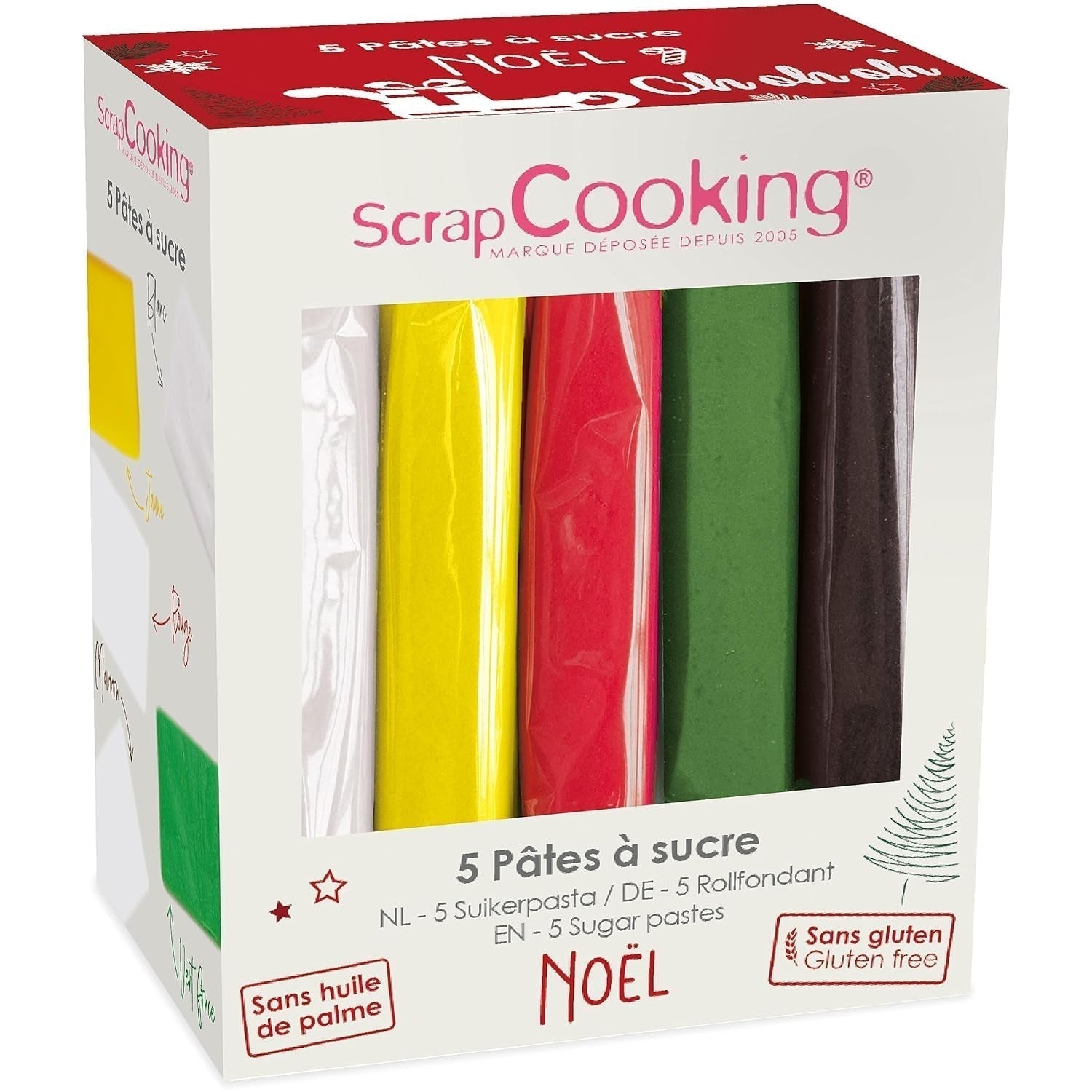 ScrapCooking - Sada 5 ks fondantů - bílý, žlutý, červený, zelený a hnědý - 5 x 80 g - cukrová pasta na dorty Ozdoby na dorty Narozeniny Vánoce - bez lepku a palmového oleje - 7257 Sugarpaste Naty Shop Výchozí název